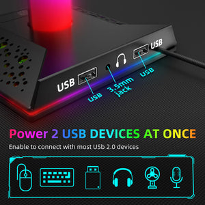 LED Headset Stand Dual USB 3.5mm Jack Outputs