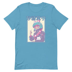 Medium Turquoise Blue Hair Anime Cat Girl Shirt Eye Patch
