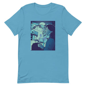 Medium Turquoise Thinking Cozy Cartoon Woman Tee Coffee Time