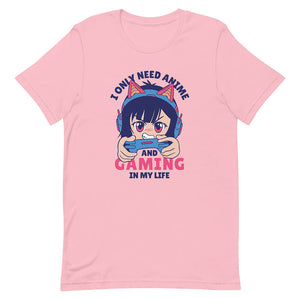 Pink Blue Hair Playing Cartoonish Girl Shirt Kitty Headset