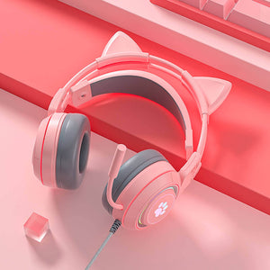 Pink Cat Headset Microphone 3.5mm Jack USB LED Paw Picture