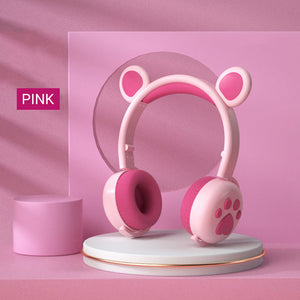 Pink Cute Bear Ear Headphones Bluetooth 5.0 RGB Kids