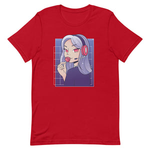 Red Cute Purple Hair Gamer Girl Tee Lollipop Headset