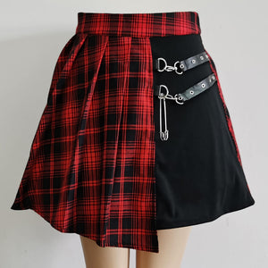 Red High-Waist Punk Asymmetric Cutout Pleated Skirt Punk