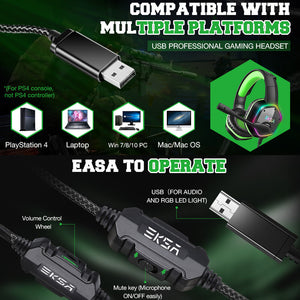 7.1 Surround Sound Headset Mic Noise Canceling RGB USB Features