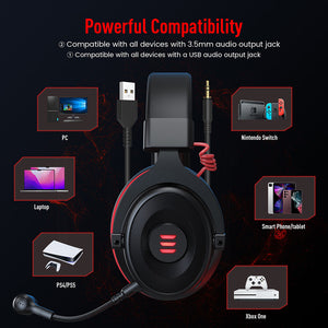 7.1 Surround Sound Headset Microphone 3.5mm Jack USB LED Multi-Device Compatibility