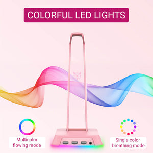 Triple USB Headset Stand RGB LED Lights 3.5mm Jack