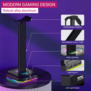 Triple USB 2.0 Headset Stand RGB Lighting Modern Gaming Design