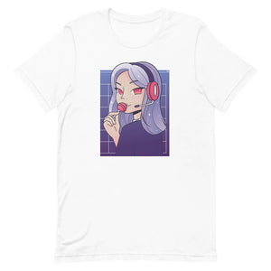 White Cute Purple Hair Gamer Girl Tee Lollipop Headset