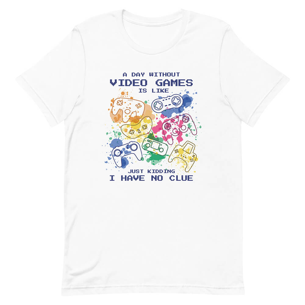 White Funny Video Game Expert Quote Shirt Colorful Joypads