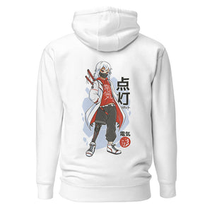 White Futuristic White Hair Ninja Boy Hoodie Cybernetic Leg Back
