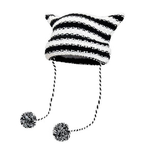 White Striped Little Imp Horn Knit Beanie