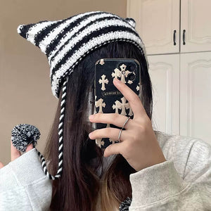 White Striped Little Imp Horn Knit Beanie Girl Picture