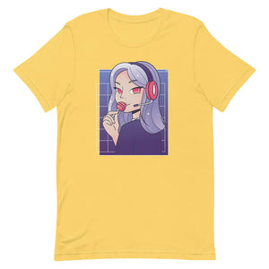 Yellow Cute Purple Hair Gamer Girl Tee Lollipop Headset