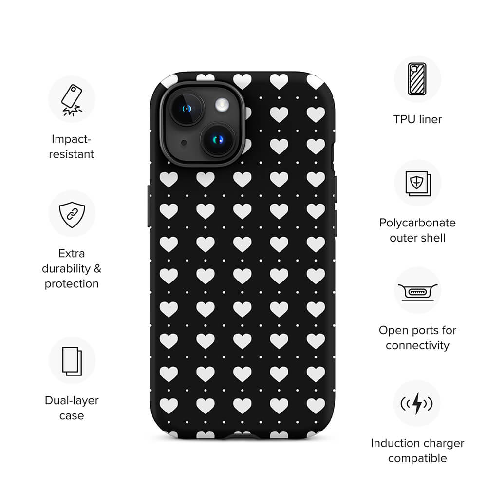 Black Lovely Minimalist Repeated Heart iPhone 15 Tough Case Features