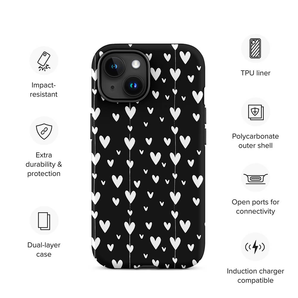 Black Minimalist Lovely Aesthetic Heart iPhone 15 Tough Case Features