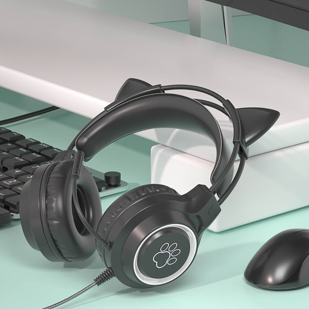 Black RGB Pastel Feline Headset Microphone HiFi USB 3.5mm Jack