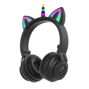 Black Wireless Kawaii Unicorn Headphones Mic RGB Foldable Kids