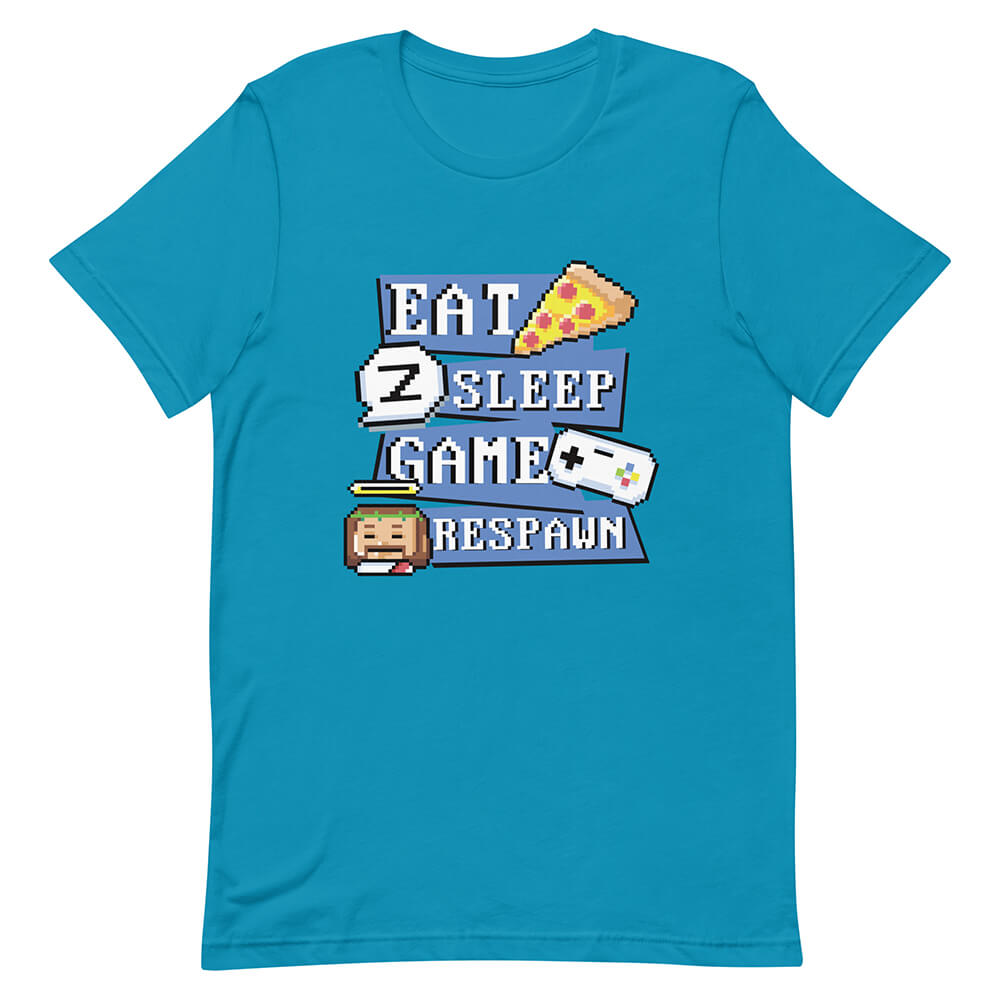 Blue Retro Pixelated Eat Sleep Game Respawn Routine Shirt