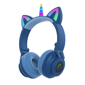 Blue Wireless Kawaii Unicorn Headphones Mic RGB Foldable Kids