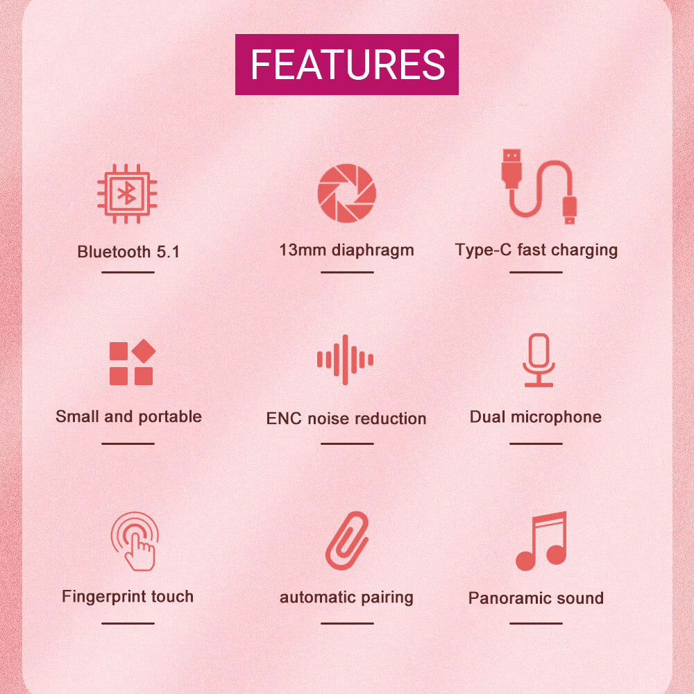 Bluetooth 5.1 Cute Chubby Capsule Cat Earphones Built-In Mic Features