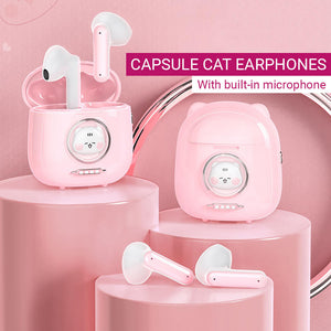 Bluetooth 5.1 Cute Chubby Capsule Cat Earphones Built-In Mic