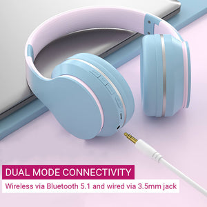 Bluetooth 5.1 On-Ear Gradient Pastel Headphones Mic Stereo Dual mode Connectivity