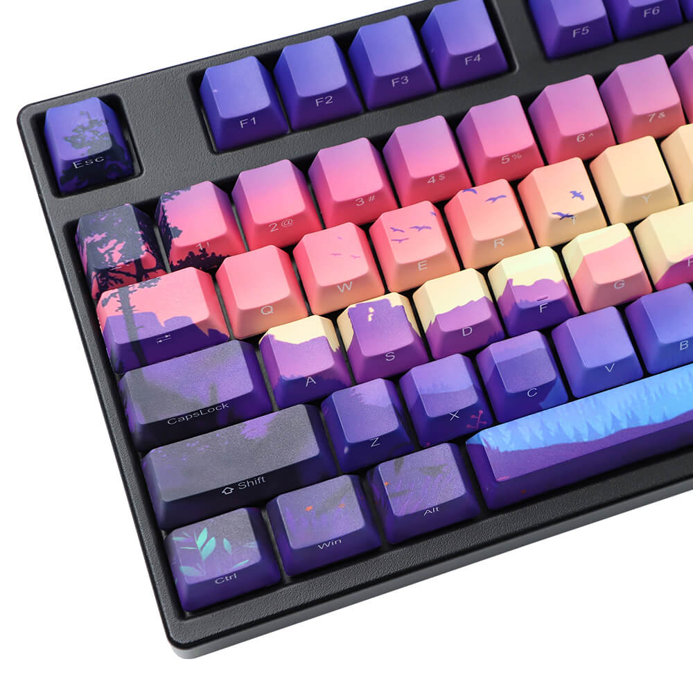 Cartoon Sunset Landscape PBT Keycaps Personalized Keyboard Keys Left View
