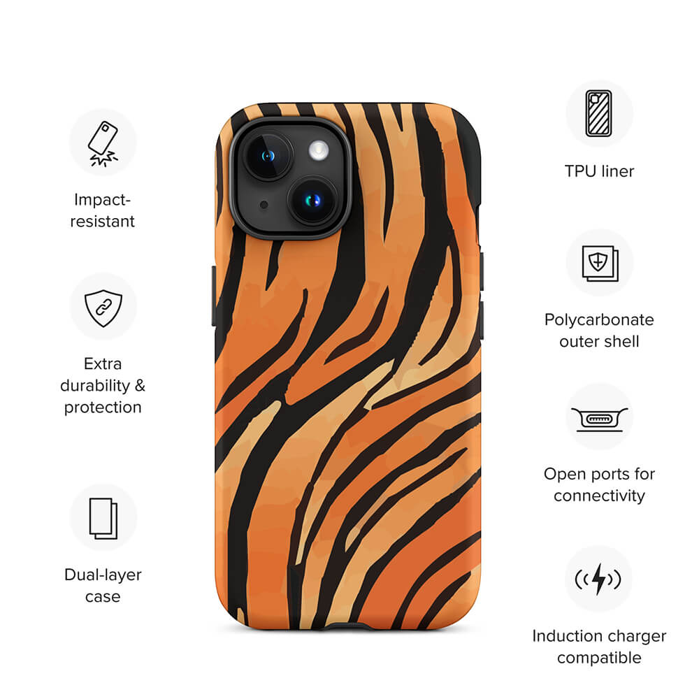 Classic Savage Tiger Skin Pattern iPhone 15 Robust Case Features