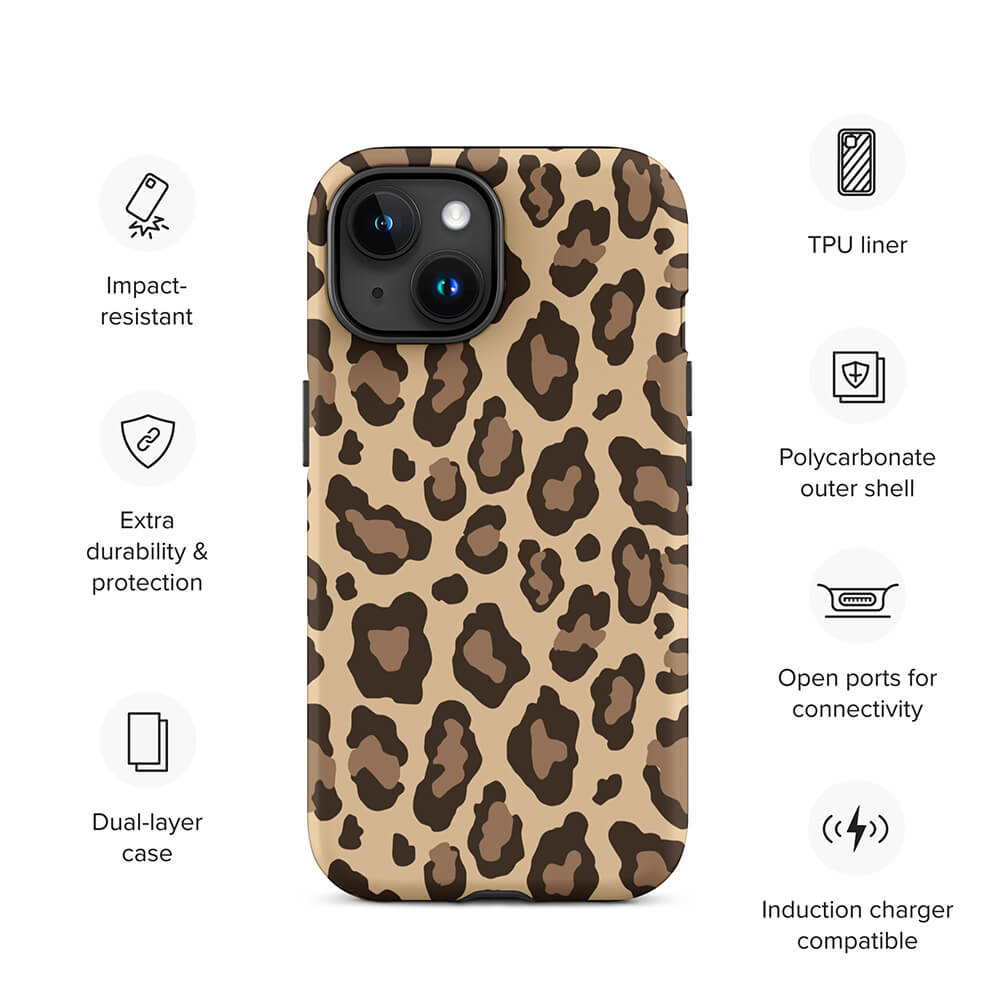Classic Wildlife Leopard Skin Pattern iPhone 15 Rugged Case Features