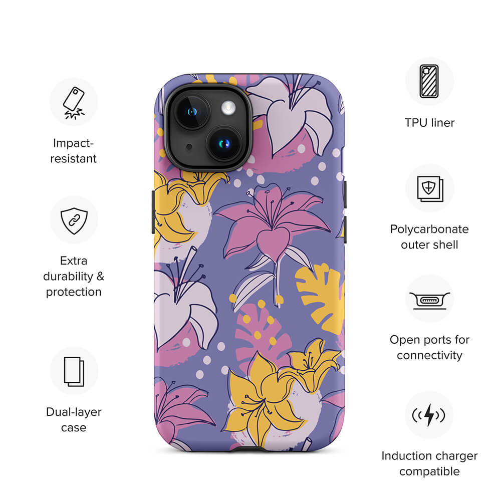 Colored Sketch Style Lilies Assortment iPhone 15 Robust Case Features