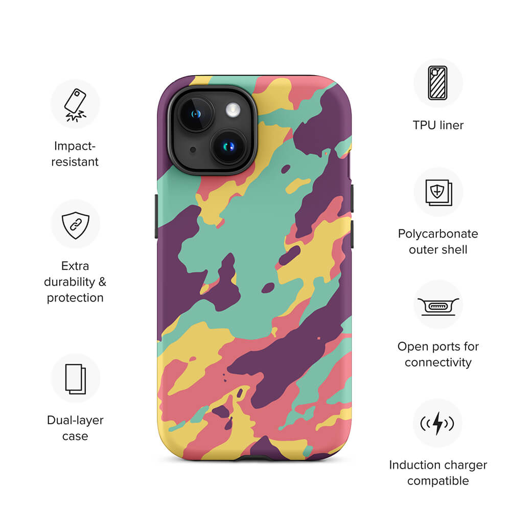 Colorful Flashy Camouflage Armor Design iPhone 15 Tough Case Features