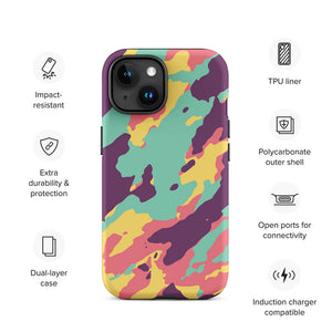 Colorful Flashy Camouflage Armor Design iPhone 15 Tough Case Features