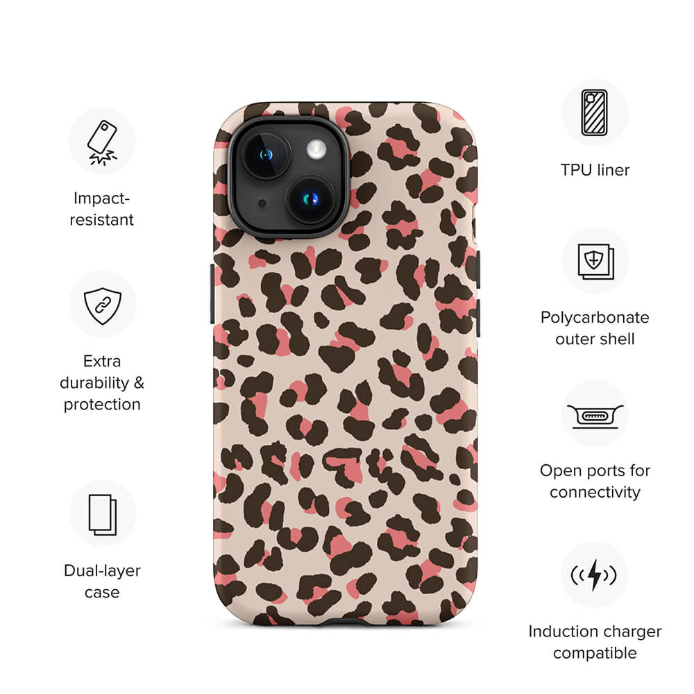 Fashionable Pinky Wild Leopard Motif iPhone 15 Rugged Case Features
