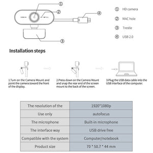 Full HD 1080p Black Webcam Mic 30 IPS USB Specifications