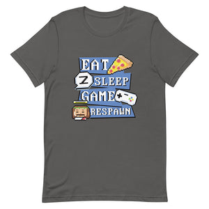 Gray Retro Pixelated Eat Sleep Game Respawn Routine Shirt
