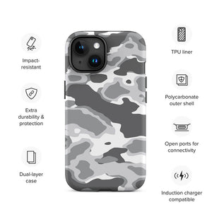 Grayish Polar Mission Camouflage Armor iPhone 15 Tough Case Features