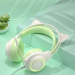 Green RGB Pastel Feline Headset Microphone HiFi USB 3.5mm Jack