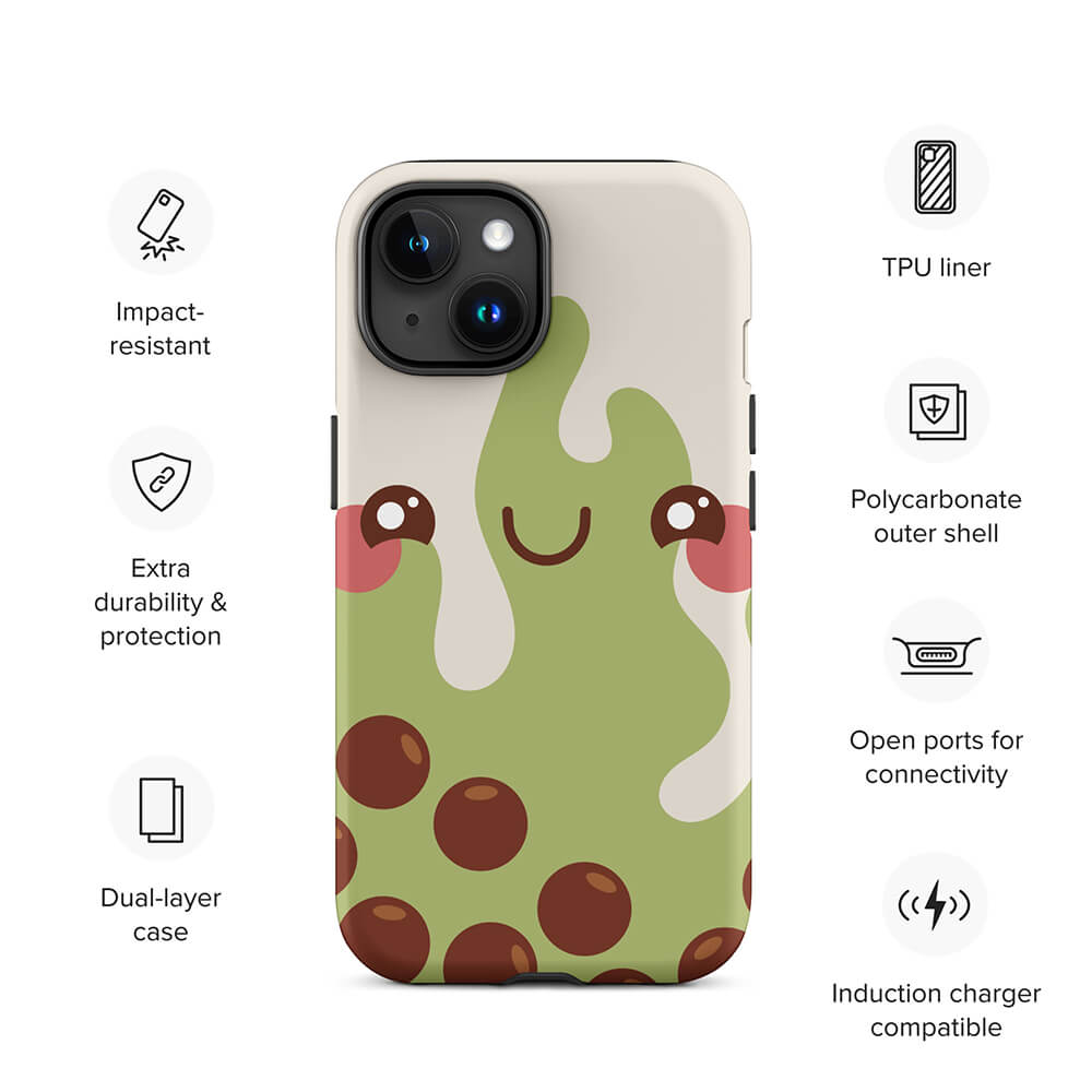 Kawaii Happy Face Bubble Tea iPhone 15 Rugged Case Features