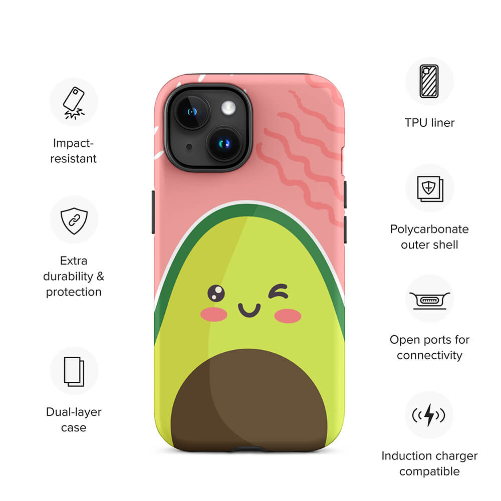 Kawaii Personified Wink Avocado Face iPhone 15 Rugged Case Features