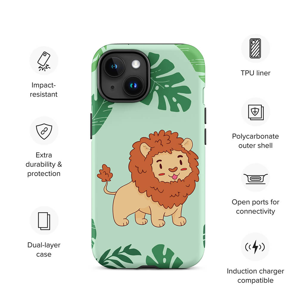 Lovely Happy Floral Jungle Lion iPhone 15 Rugged Case Features
