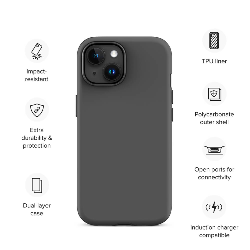 Minimalist Classy Dark Gray Monochrome iPhone 15 Tough Case Features