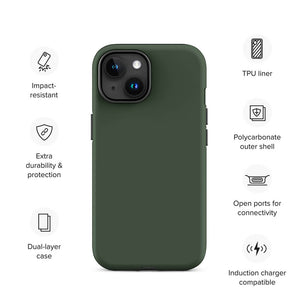 Minimalist Dark Green Tea Monochrome iPhone 15 Tough Case Features
