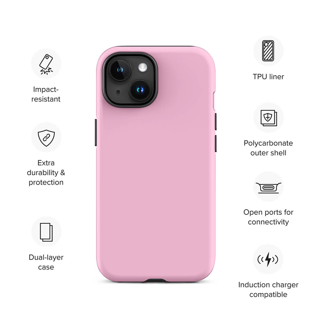 Minimalist Pastel Light Pink Monochrome iPhone 15 Tough Case Features