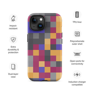 Multi-Color Abstract Pixelated Mozaic iPhone 15 Tough Case Features