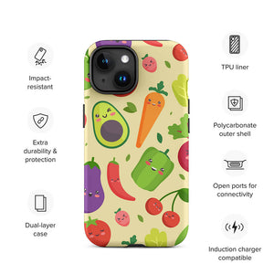 Personified Kawaii Fruit Vegetable Assortment iPhone 15 Rugged Case Features