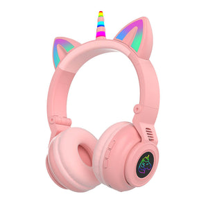 Pink Wireless Kawaii Unicorn Headphones Mic RGB Foldable Kids