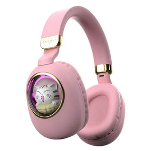 Pink Wireless Space Capsule Happy Cat Headphones RGB