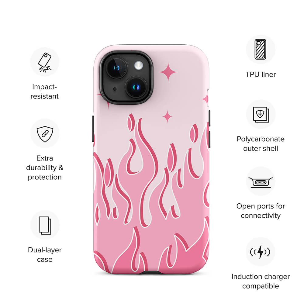 Pinky Pastel Color Raging Fire iPhone 15 Robust Case Features