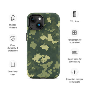 Retro Pixelated Camouflage Veteran Armor iPhone 15 Tough Case Features
